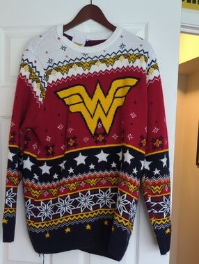 DC Wonder Woman Knit Holiday Sweater - Red, Yellow, Navy, White